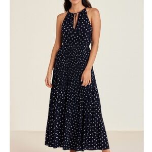 Maison Jules Size XS Sheer Pleated Eyelet Maxi Dress Navy Pink Boho